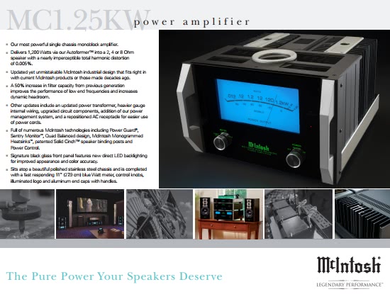 Рекламный буклет для усилителя одноканального мощностью 1200 кВт McIntosh MC-1250kw